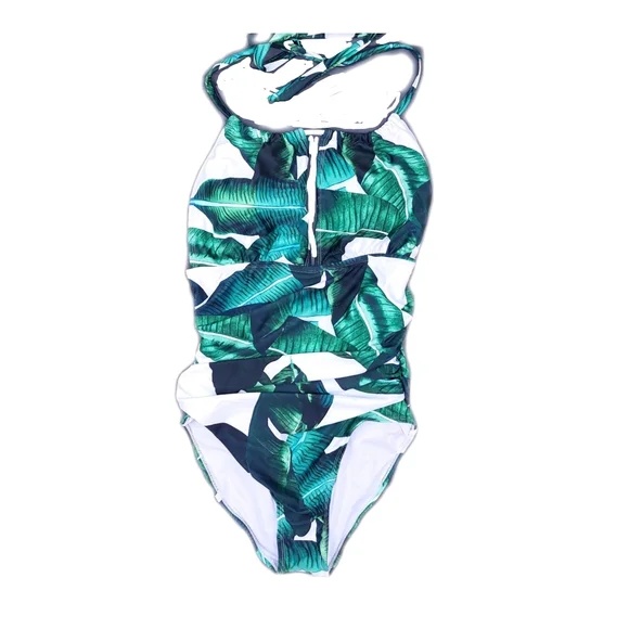 NWT Women's M Palm Leaves Plunge Halter Top One Piece Swim Suit - Picture 2 of 5